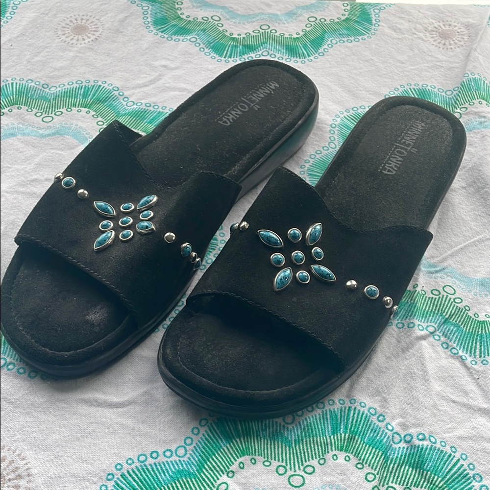 Minnetonka Black and Blue Studded Sandals